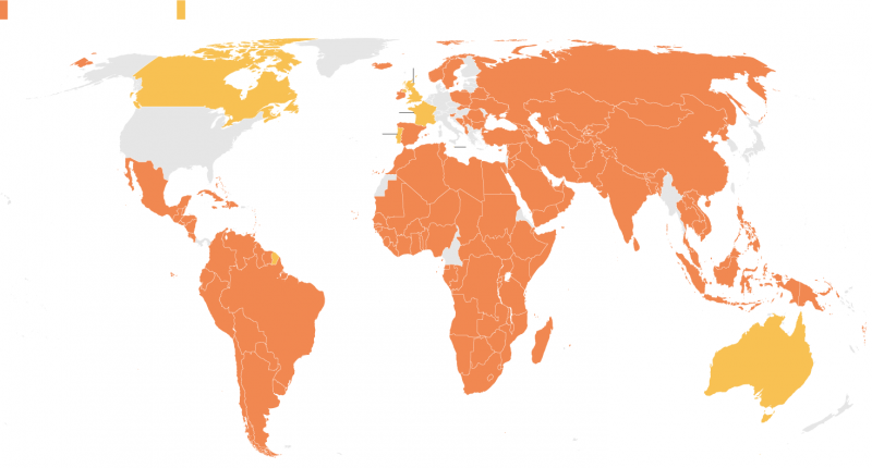 Тўқ сариқ рангдагилар Фаластинни расман тан олган, сариқ рангдагилар тан олиши кутилаётган